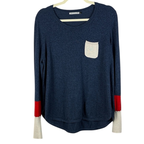 Zaket & Plover Tops - Zaket & Plover Blue Cotton Cashmere Blend Long Sleeve XL Top Red Cream Accents